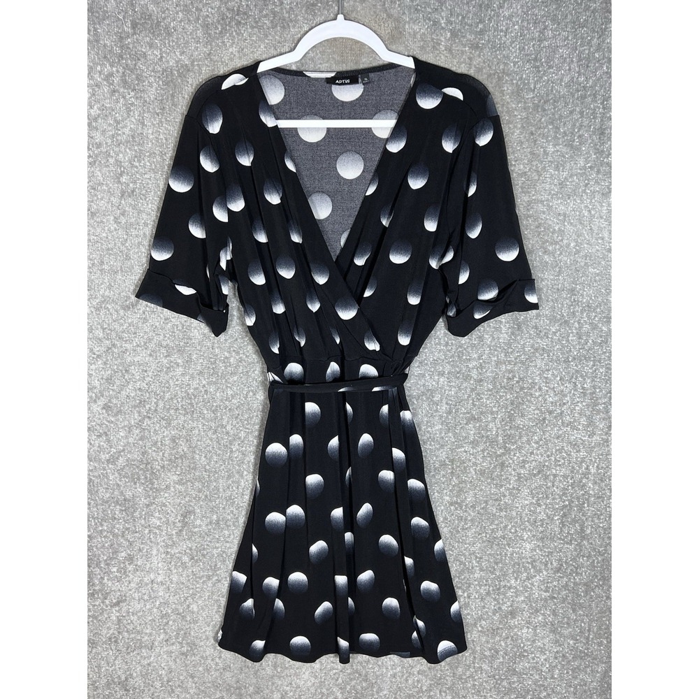 Apt 9 Faux Wrap Dress Womens Size XL Black White Circe Dot Stretch Short Sleeve